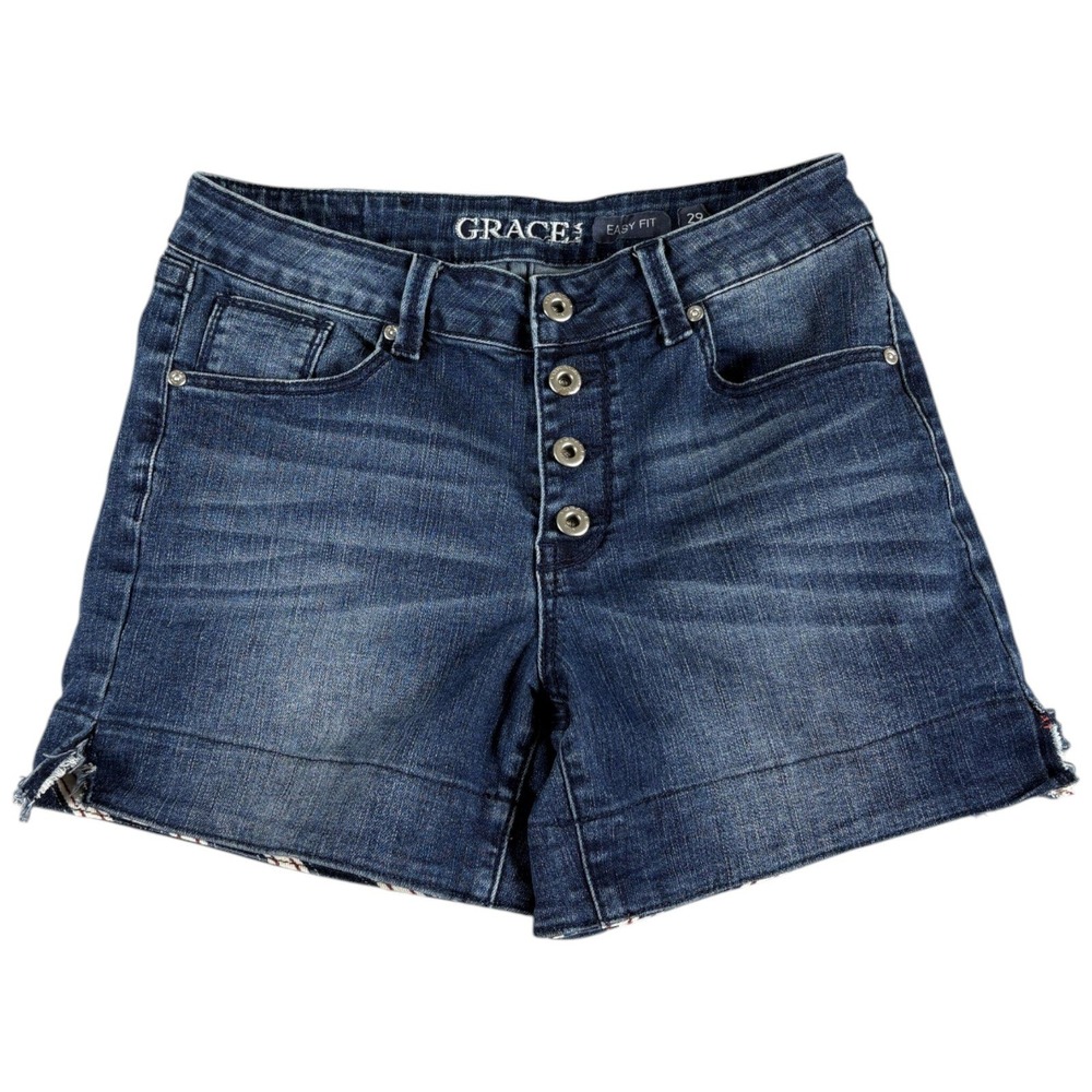 Grace in LA Denim Shorts Women 29 Blue Distressed Buttonfly Midrise Relaxed Y2K